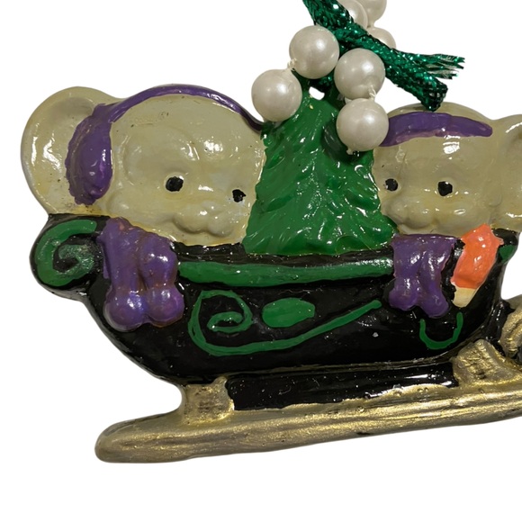Vintage Mice on Sled with Christmas Tree Ceramic Christmas Ornament - Picture 4 of 8